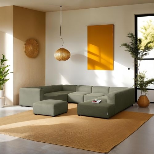 Canapé modulable panoramique 12 places ouvert à droite + pouf en velours côtelé vert kaki - Modulo