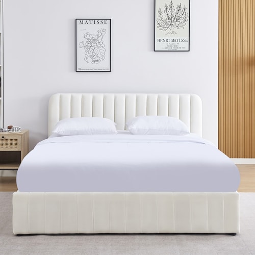 Lit coffre adulte 160x200 cm avec tête de lit capitonnée en velours beige - Ava
