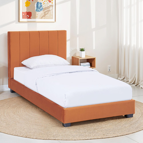 Lit adulte 90x190 cm avec tête de lit capitonnée en velours terracotta - William