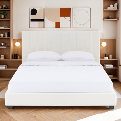 Lit adulte 140x190 cm avec tête de lit capitonnée en velours beige - William