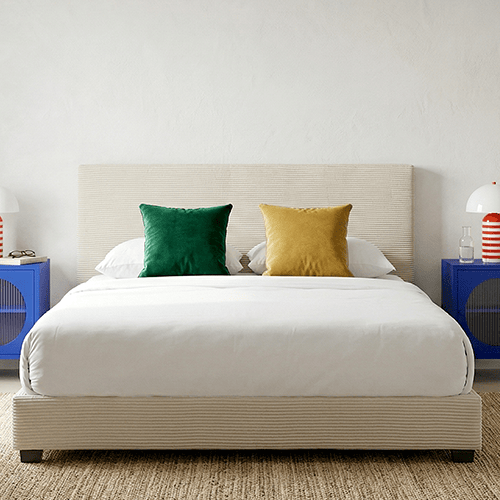 Lit adulte 140x190 cm avec tête de lit rembourrée en velours côtelé beige - William