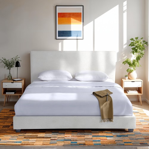 Lit adulte 160x200 cm avec tête de lit capitonnée en tissu bouclé beige - William