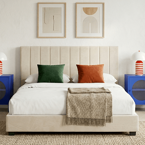 Lit adulte 180x200 cm avec tête de lit capitonnée en velours beige - William