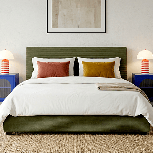 Lit adulte 180x200 cm avec tête de lit capitonnée en velours côtelé vert - William