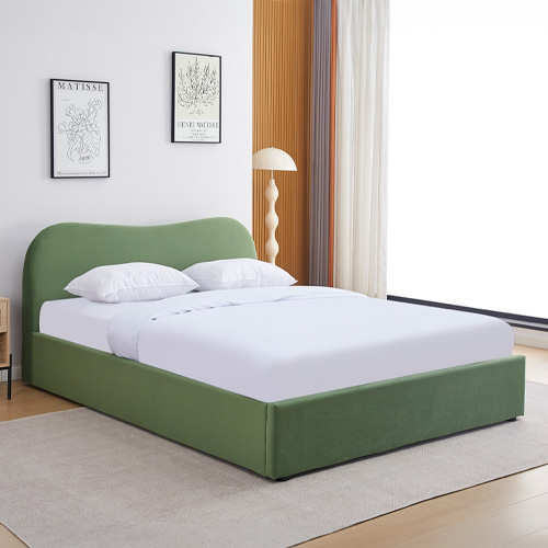 Lit coffre adulte 160x200 cm avec tête le lit matelassée en velours vert clair - Suzon