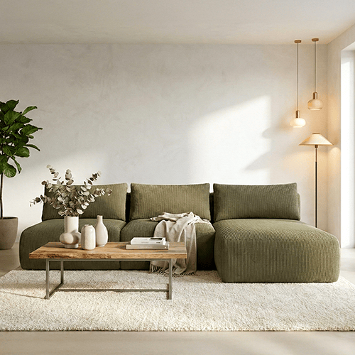 Canapé d'angle à droite convertible 4 places avec coffre de rangement en velours côtelé vert kaki - Jasper