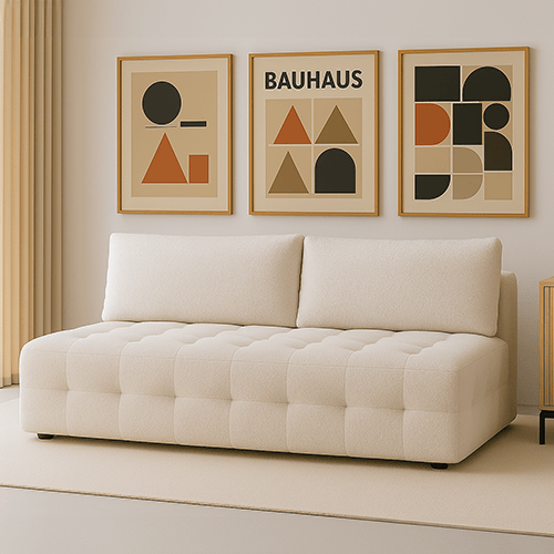 Canapé convertible 3 places avec coffre de rangement en tissu bouclé beige - Léo