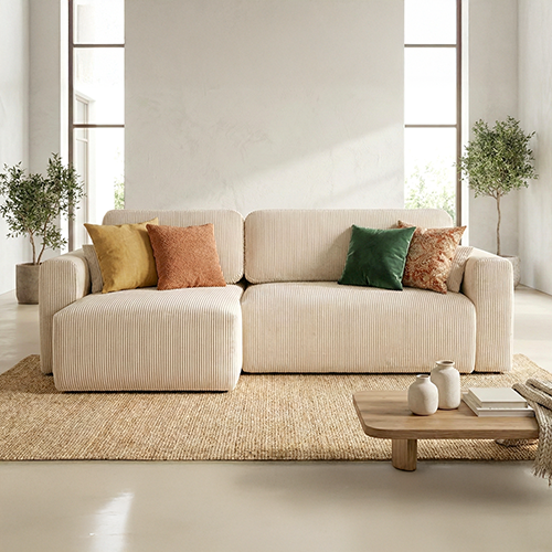 Canapé d'angle réversible convertible 4 places avec coffre de rangement en velours côtelé beige - Davis