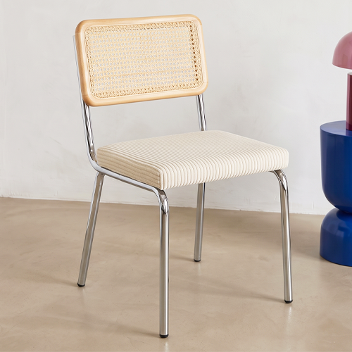 Lot de 2 chaises en acier chromé, cannage naturel et velours côtelé beige - Paula