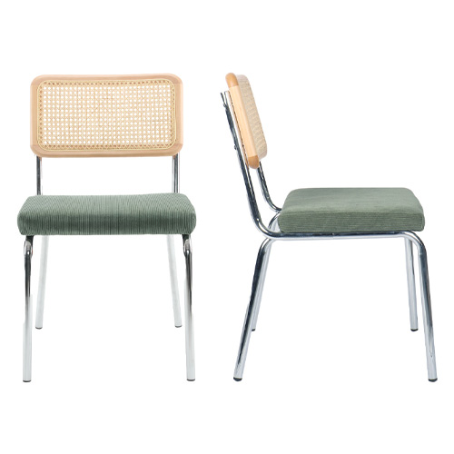 Lot de 2 chaises en acier chromé, cannage naturel et velours côtelé vert - Paula