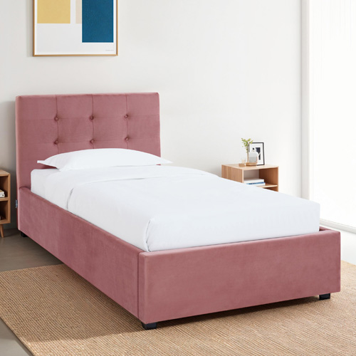 Lit coffre adulte 90x190 cm avec tête de lit capitonnée en velours rose et sommier - Tina