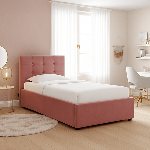Lit coffre adulte 90x190 cm avec tête de lit capitonnée en velours rose et sommier - Tina
