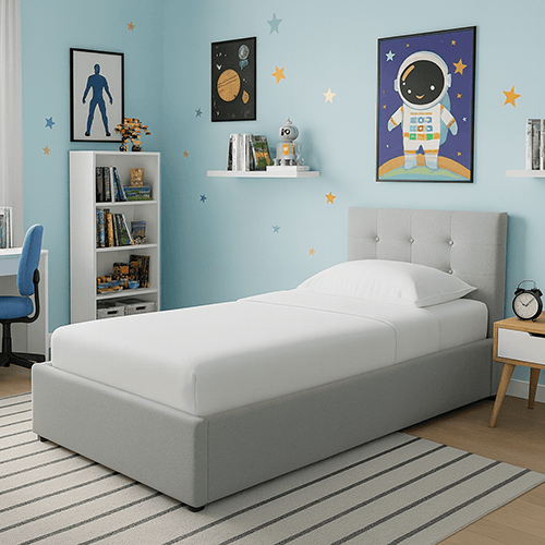 Lit coffre adulte 90x190 cm avec tête de lit capitonnée en tissu gris et sommier - Tina