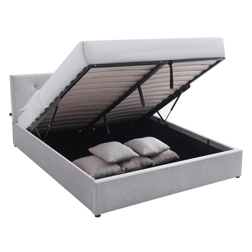 Lit coffre adulte 140x190 cm avec tête de lit capitonnée en tissu gris et sommier - Tina