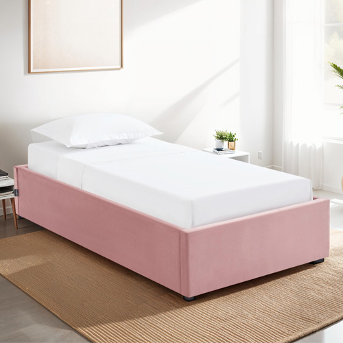 Lit coffre adulte 90x190 cm en velours rose avec sommier - Handy