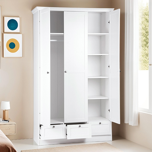 Armoire 3 portes 3 tiroirs blanche 120 cm - Alix