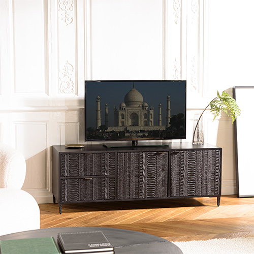 Meuble TV en manguier noir sculptés 140cm - Gloria