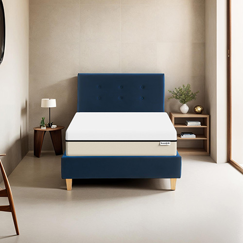 Ensemble lit 90x190 en velours bleu foncé Milo + Matelas Hybride à ressorts ensachés et mémoire de forme - Spring Elite