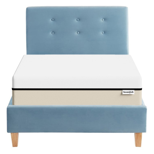 Ensemble lit 90x190 en velours bleu Milo + Matelas Hybride à ressorts ensachés et mémoire de forme - Spring Elite