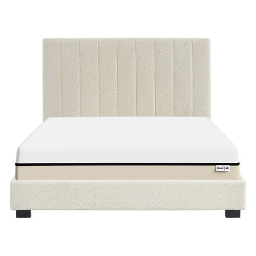 Ensemble lit 140x190 en tissu bouclé écru - William + Matelas Hybride à ressorts ensachés et mémoire de forme - Spring Elite