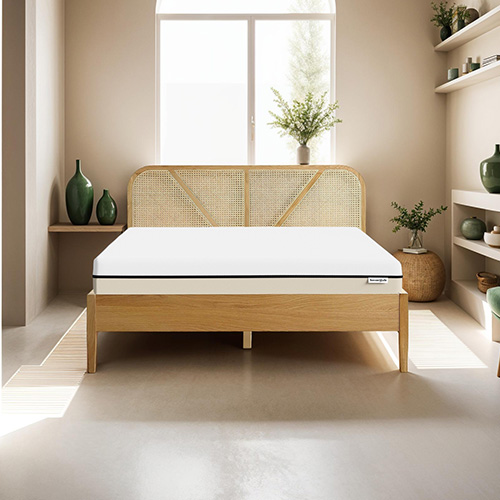 Ensemble lit 140x190 en bois et cannage Leonie + Matelas Hybride à ressorts ensachés et mémoire de forme - Spring Elite