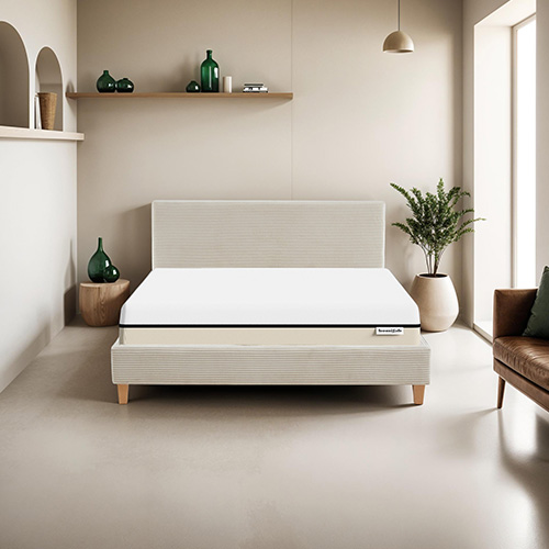 Ensemble lit 160x200 en velours côtelé beige Milo + Matelas Hybride à ressorts ensachés et mémoire de forme - Spring Elite