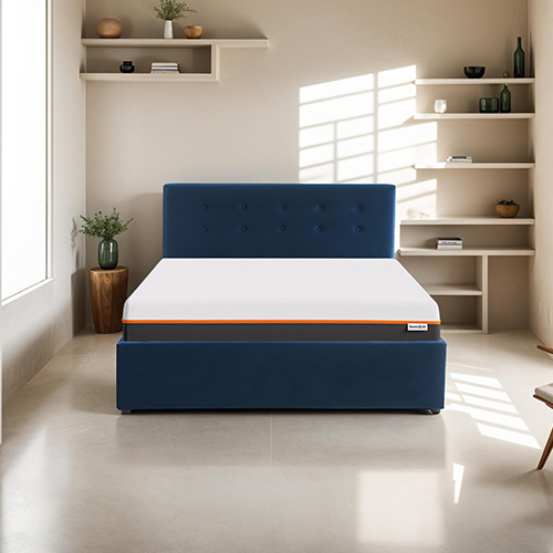 Ensemble lit coffre 140x190 en velours bleu foncé Tina + Matelas mousse gel à mémoire de forme, double confort - Dual Confort