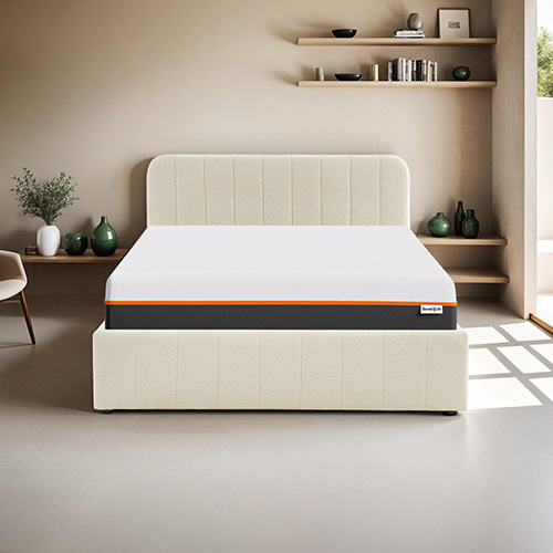 Ensemble lit coffre 160x200 en tissu bouclé écru Ava + Matelas mousse gel à mémoire de forme, double confort - Dual Confort