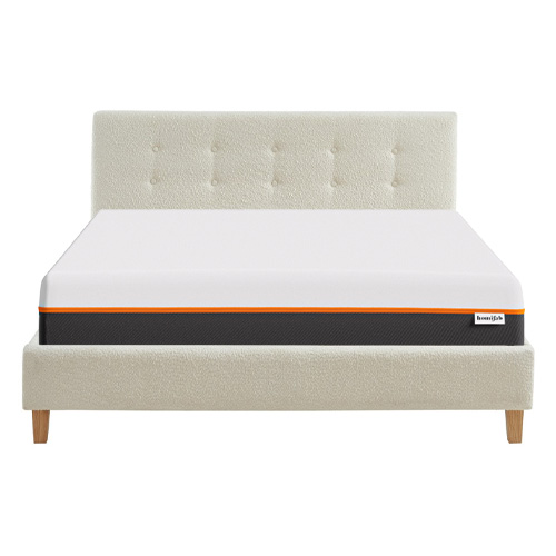 Ensemble lit 160x200 en tissu bouclé écru Milo + Matelas mousse gel à mémoire de forme, double confort - Dual Confort