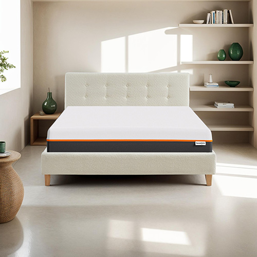 Ensemble lit 160x200 en tissu bouclé écru Milo + Matelas mousse gel à mémoire de forme, double confort - Dual Confort