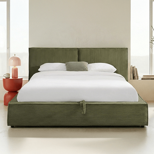 Lit coffre adulte 160x200 cm avec sommier et tête de lit matelassée en velours côtelé vert kaki - Arno