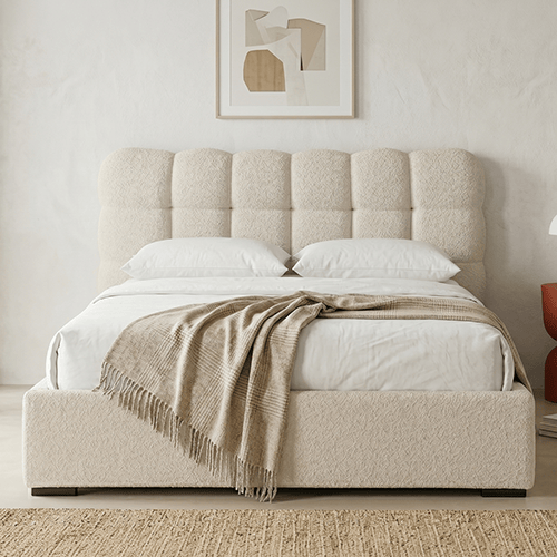 Lit coffre adulte 160x200 cm avec sommier et tête de lit capitonnée en tissu bouclé beige - Lola