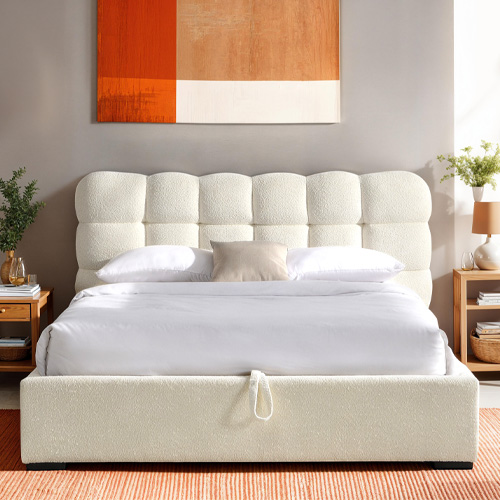 Lit coffre adulte 180x200 cm avec sommier et tête de lit capitonnée en tissu bouclé beige - Lola