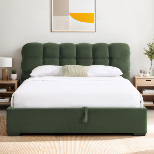 Lit coffre adulte 180x200 cm avec sommier et tête de lit capitonnée en velours vert kaki - Lola