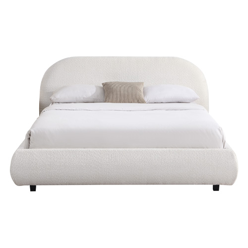 Lit adulte 140x190 cm avec sommier et tête de lit matelassée en tissu bouclé beige - Maddie