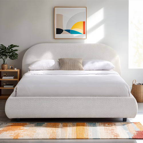 Lit adulte 160x200 cm avec sommier et tête de lit matelassée en tissu bouclé beige - Maddie