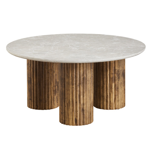 Table basse ronde effet marbre blanc, piètement bois 80 cm - Stone