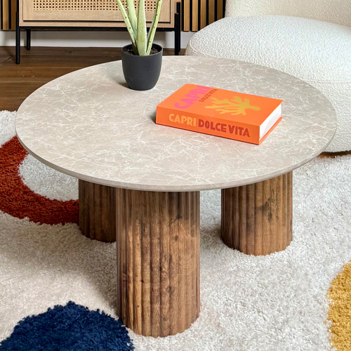 Table basse ronde effet marbre blanc, piètement bois 80 cm - Stone