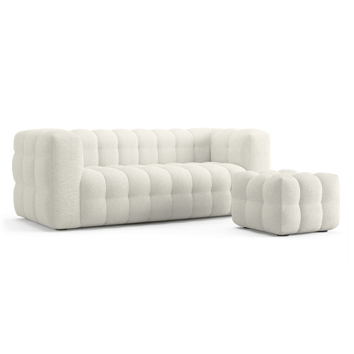 Ensemble Canapé capitonné 3 places + Pouf en tissu bouclé beige - Cester