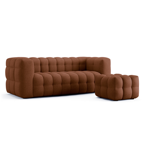 Ensemble Canapé capitonné 3 places + Pouf en tissu chenille terracotta - Cester