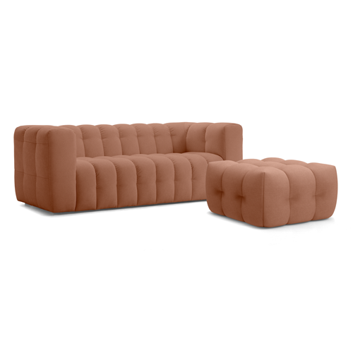 Ensemble Canapé capitonné 3 places + Pouf en tissu chenille terracotta - Cester