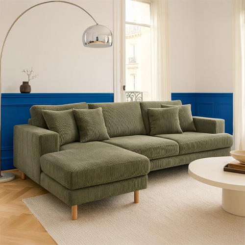 Canapé d'angle à gauche convertible 4 places en velours côtelé vert kaki - Marceau