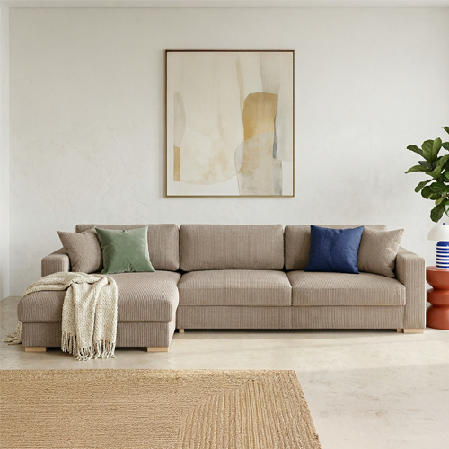 Canapé d'angle à gauche convertible 5 places en velours côtelé taupe - Robin