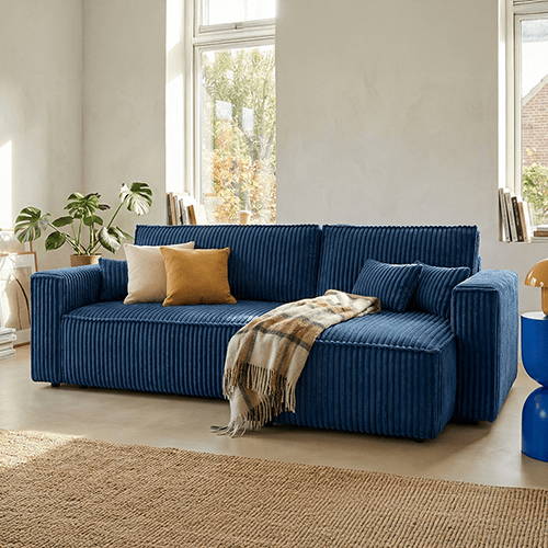 Canapé d'angle convertible réversible 4 places en velours gros côtelé bleu - Livia