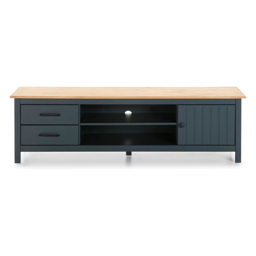 Meuble TV 1 porte 2 tiroirs en bois massif bleu 158 cm - Ida