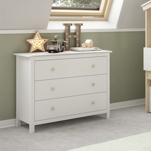 Commode enfant 3 tiroirs en bois massif blanc 100 cm - Melvin