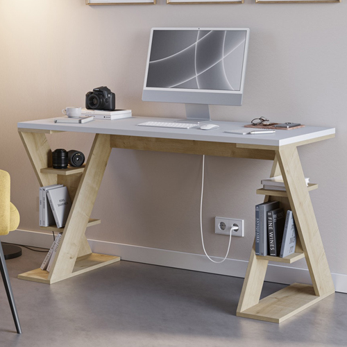 Bureau blanc avec piètement en bois massif 137 cm - Milan