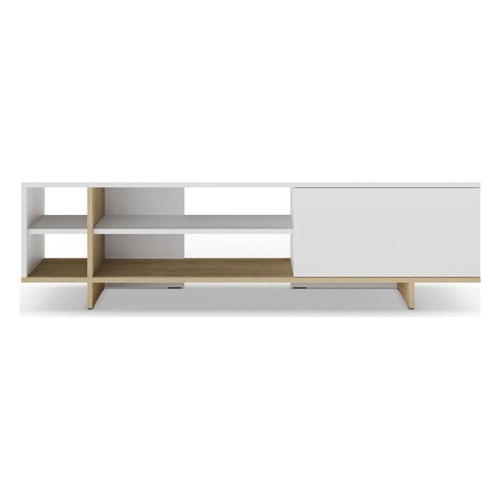 Meuble TV 1 porte blanc et décor chêne 160 cm - Alicia