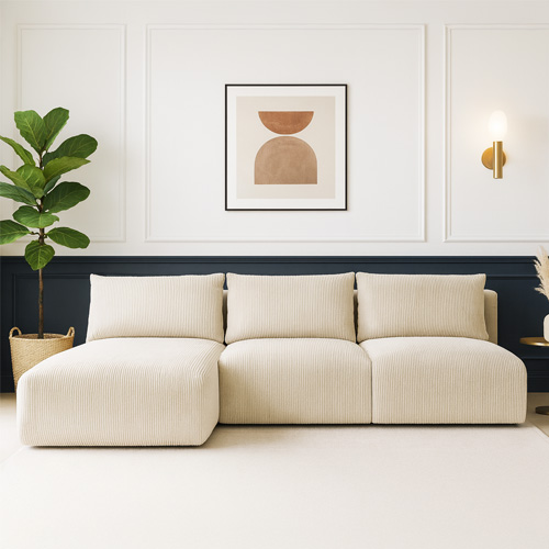 Canapé d'angle à gauche convertible 4 places avec coffre de rangement en velours côtelé beige - Jasper