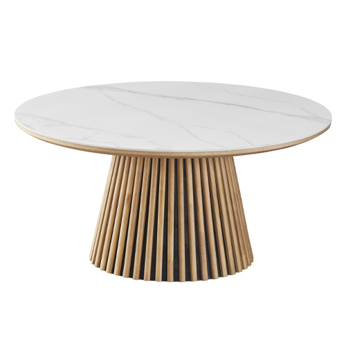 Table basse ronde plateau en céramique effet marbre et piètement bois clair - 80 cm- Ada